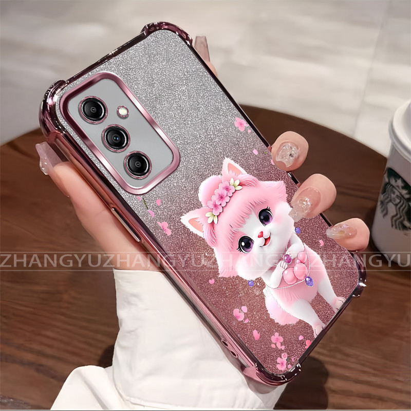 SAMSUNG กรณีสําหรับSamsung A16 A17 A26 A36 A56 M56 5G 4G Electroplatedกันกระแทกเคสโทรศัพท์แมวน่ารักรูปแบบTPUนุ่มป้องกันกรณีHM