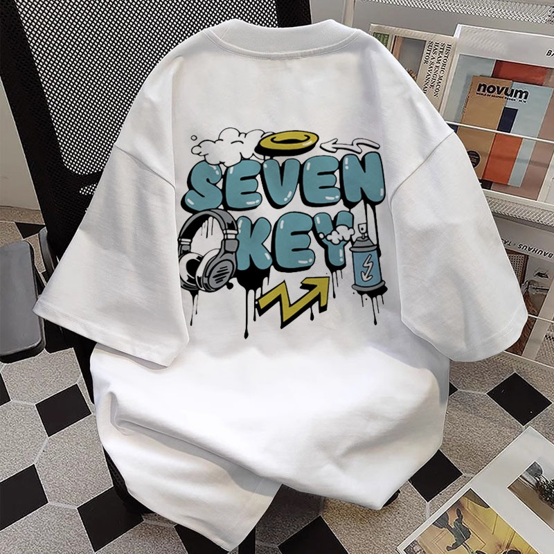 เสื้อยืดพิมพ์ลายเจ็ดคีย์โอเวอร์ไซส์สไตล์อเมริกันย้อนยุค BOOMBAP | เสื้อยืดผู้หญิงสีขาว | เสื้อยืดชาย