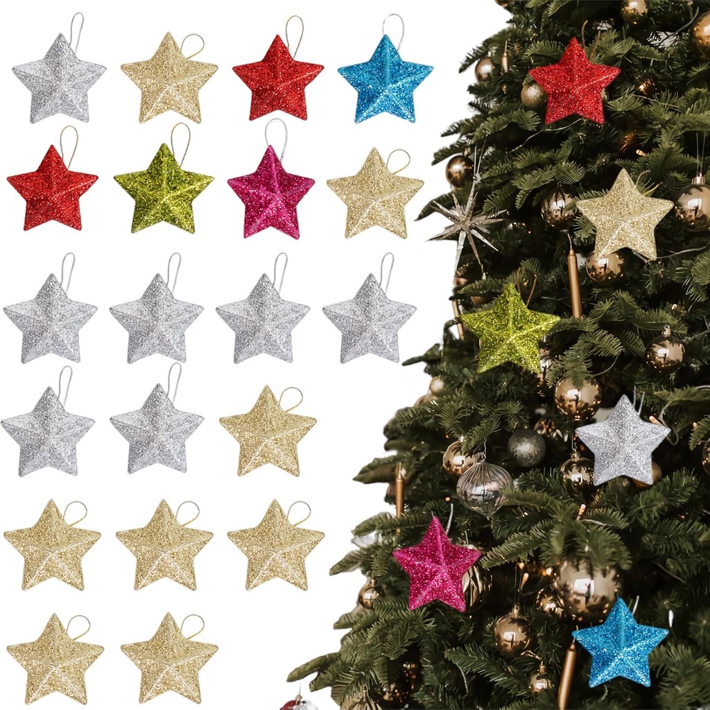 6 ชิ้น Star เครื่องประดับต้นคริสต์มาส Glitter Five Pointed Star ตกแต่ง Xmas