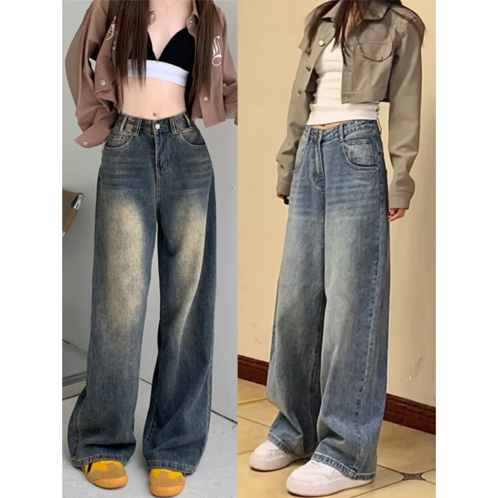 REKIO S-5XL(25-36) ไซส์ใหญ่  ผู้หญิงขนาดใหญ่เกาหลีผ้ายีนส์ เอวสูง ย้อนยุค เรียบๆขากว้างกางเกงยีนส์ขายาว กางเกงขายาว