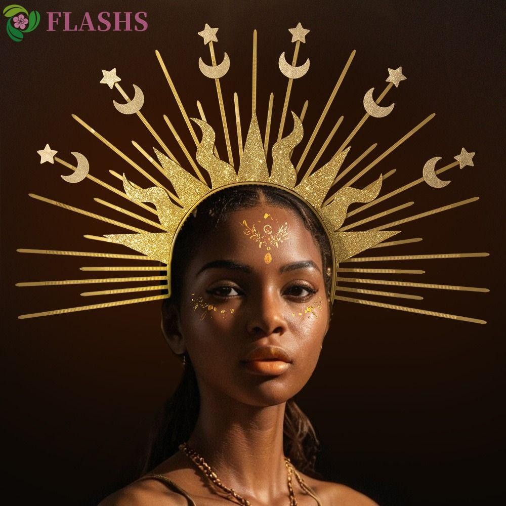 FLASHSYN ฮาโลวีนแถบคาดศีรษะ, Gold Star Glory แถบคาดศีรษะ,แฟชั่นแสดงอุปกรณ์เสริมผม Sun God ฮาโลวีนเครื่องแต่งกาย Tiara Headdress ฮาโลวีน Headwear