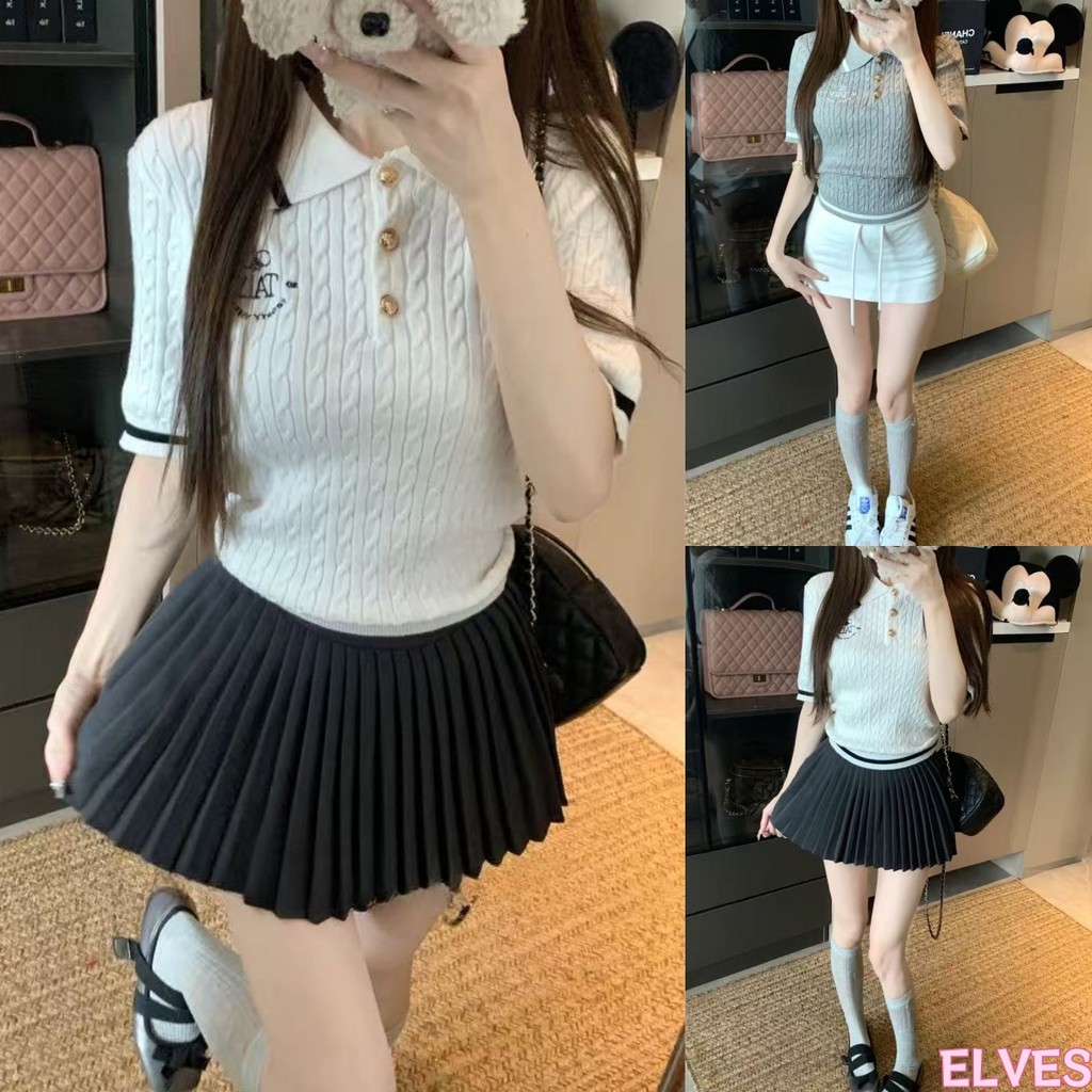 Elves พร้อมส่ง💟 เสื้อยืดคอปก ไหมพรม แขนสั้น เรียบหรู สีพื้นยืดพอดี เสื้อแขนสั้น เสื้อยืดผู้หญิง“W-K073”