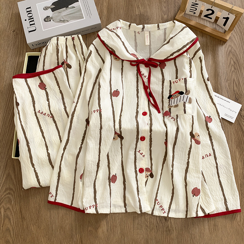 ชุดนอนผู้หญิง คอตุ๊กตาคาร์ดิแกน แขนยาว ทำจากผ้าฝ้ายเนื้อนุ่ม