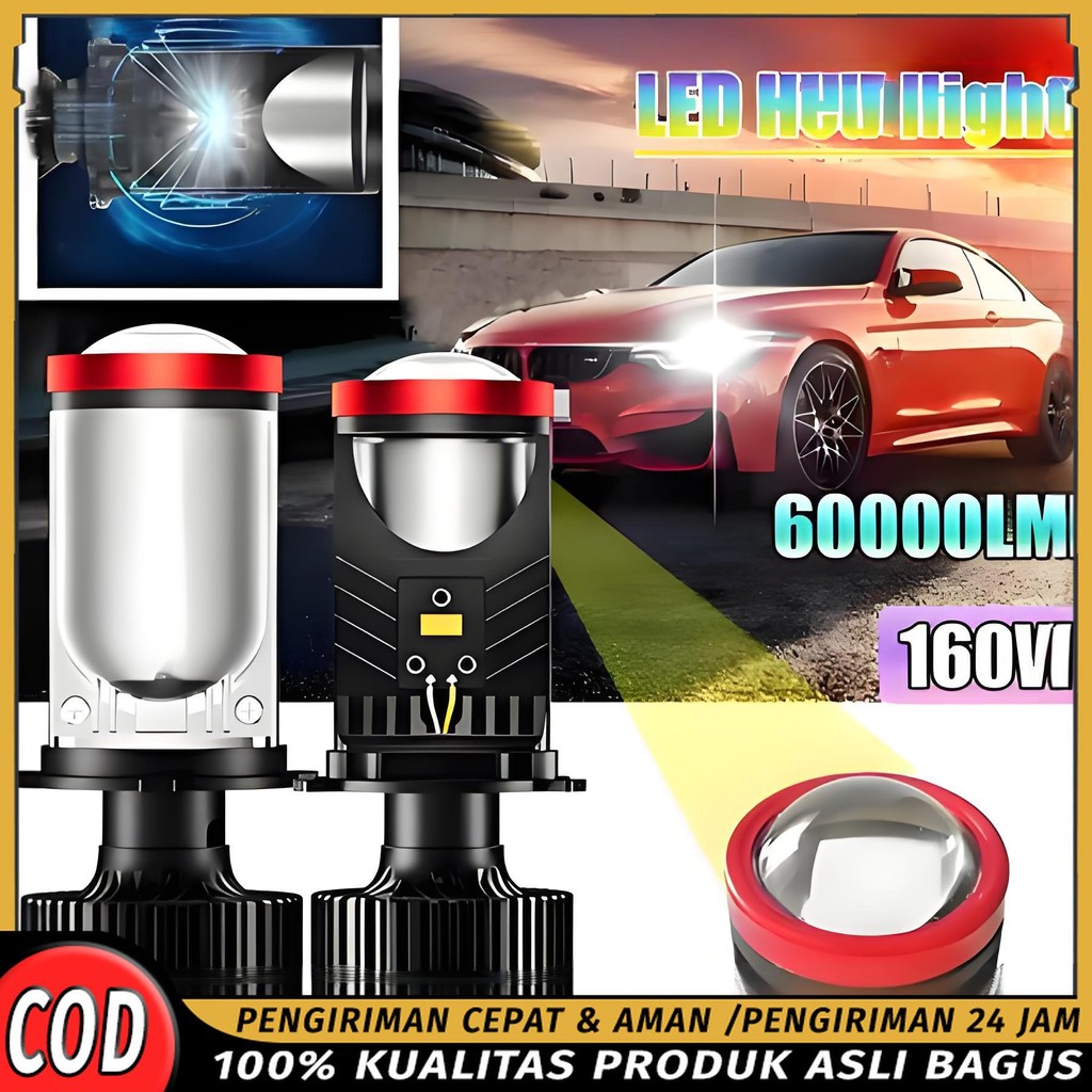 Y8D H4 Mini Projector 80W Super Bright Car & Motorcycle ไฟ LED พร้อมพัดลมและเลนส์ Dual Beam