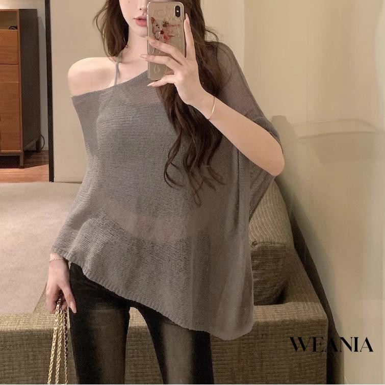 WEANIA เซ็กซี่ผ้าไหมน้ําแข็งเสื้อคลุมไม่สม่ําเสมอเสื้อกันหนาวป้องกันแสงแดดผู้หญิงฤดูร้อนร้อนอเมริกัน Chic ปิดไหล่บางด้านบน