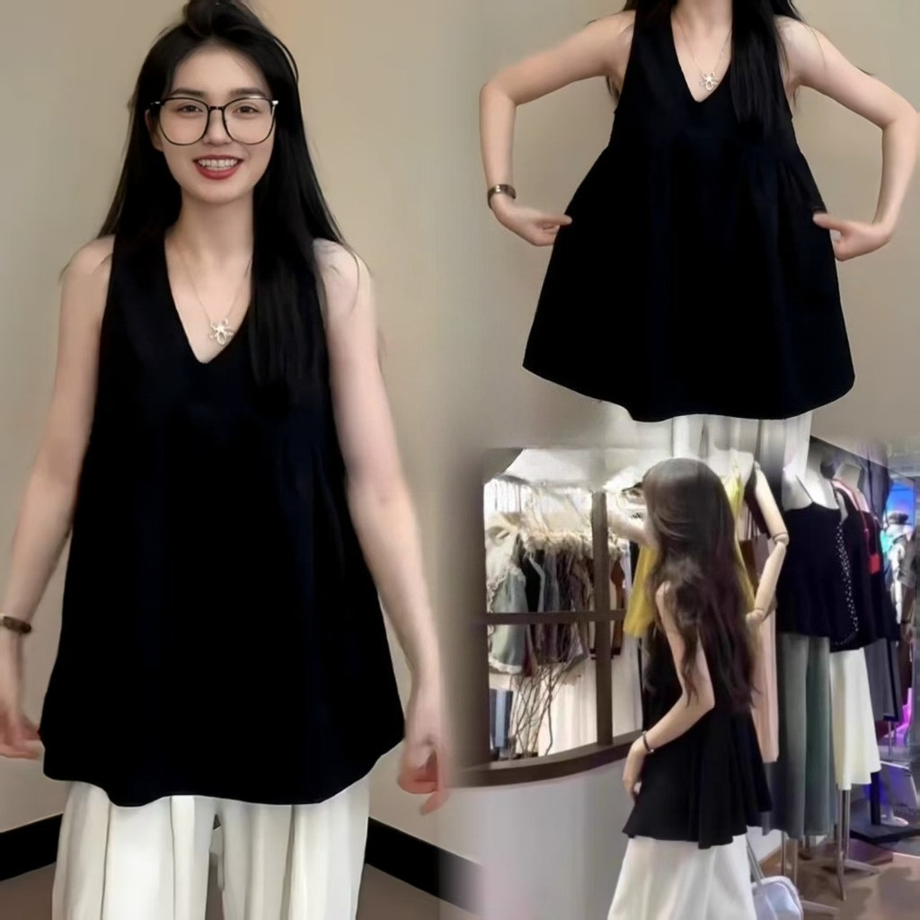 เสื้อกั๊กสีดำยาวปานกลางสุดเก๋สำหรับผู้หญิงในฤดูร้อนปี 2025 ดีไซน์ใหม่สำหรับเสื้อคอวีแขนกุดไซส์เล็ก
