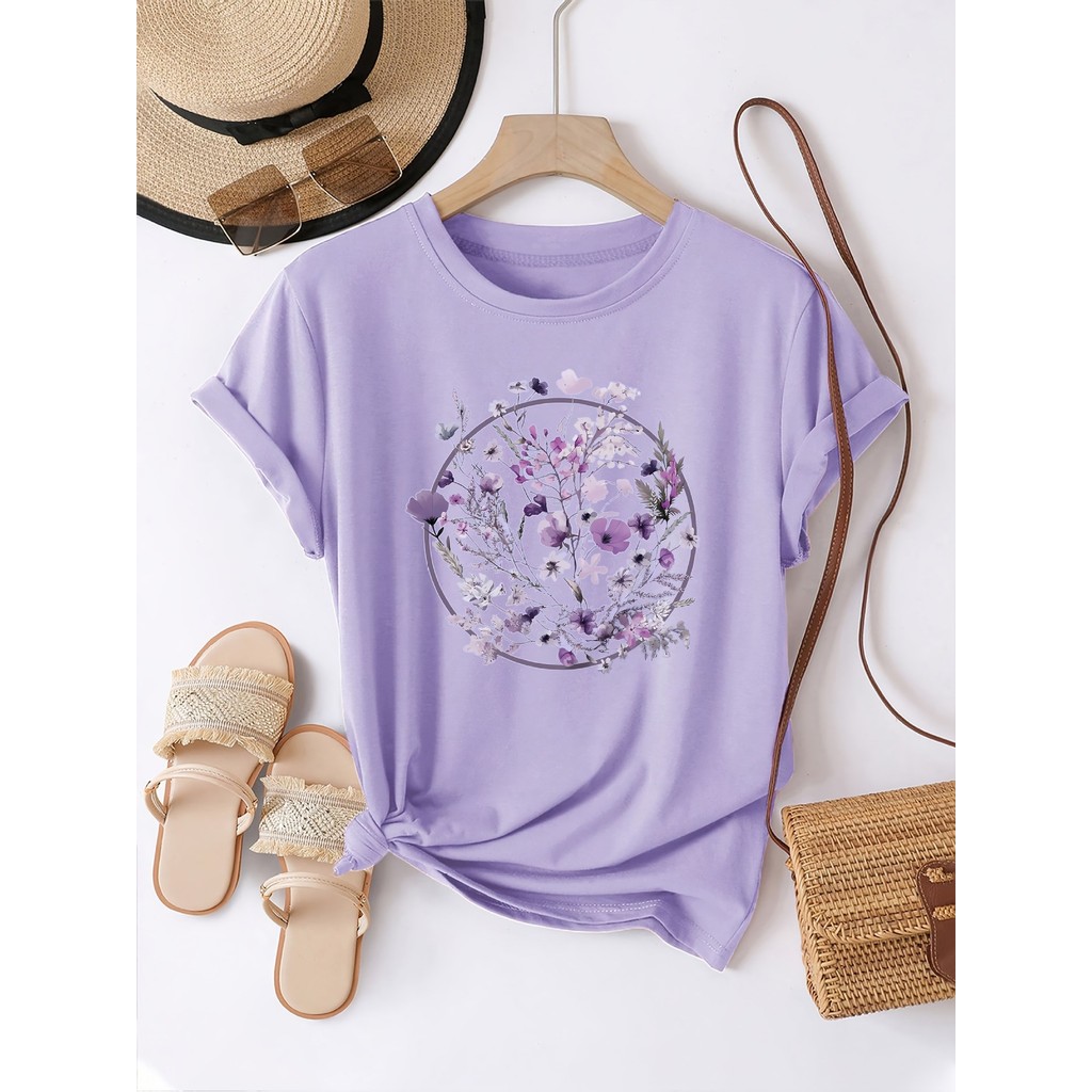 ดอกไม้ลําลอง,พิมพ์แขนสั้นฤดูใบไม้ผลิฤดูร้อนเสื้อยืดแฟชั่น Fit, Retro CO D-Shaped แฟชั่นผู้หญิงรอบคอ 