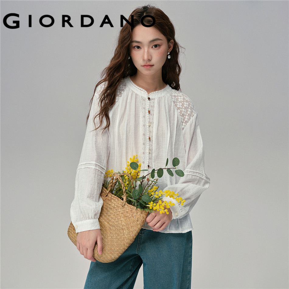 GIORDANO WOMEN Lace patchwork raglan sleeve shirt 18345220