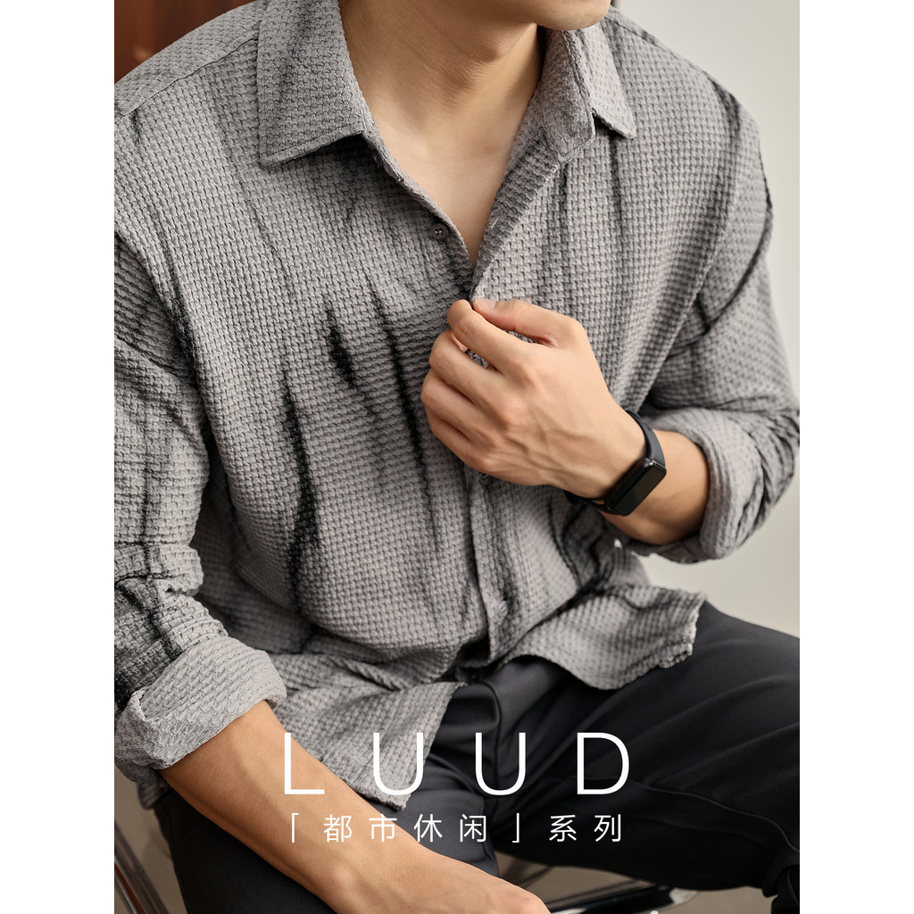 LUUD Puff Pleated Granular Mens Shirt Jacket Ink Smudge Contrast Color Printing Long-Sleeved Shirt