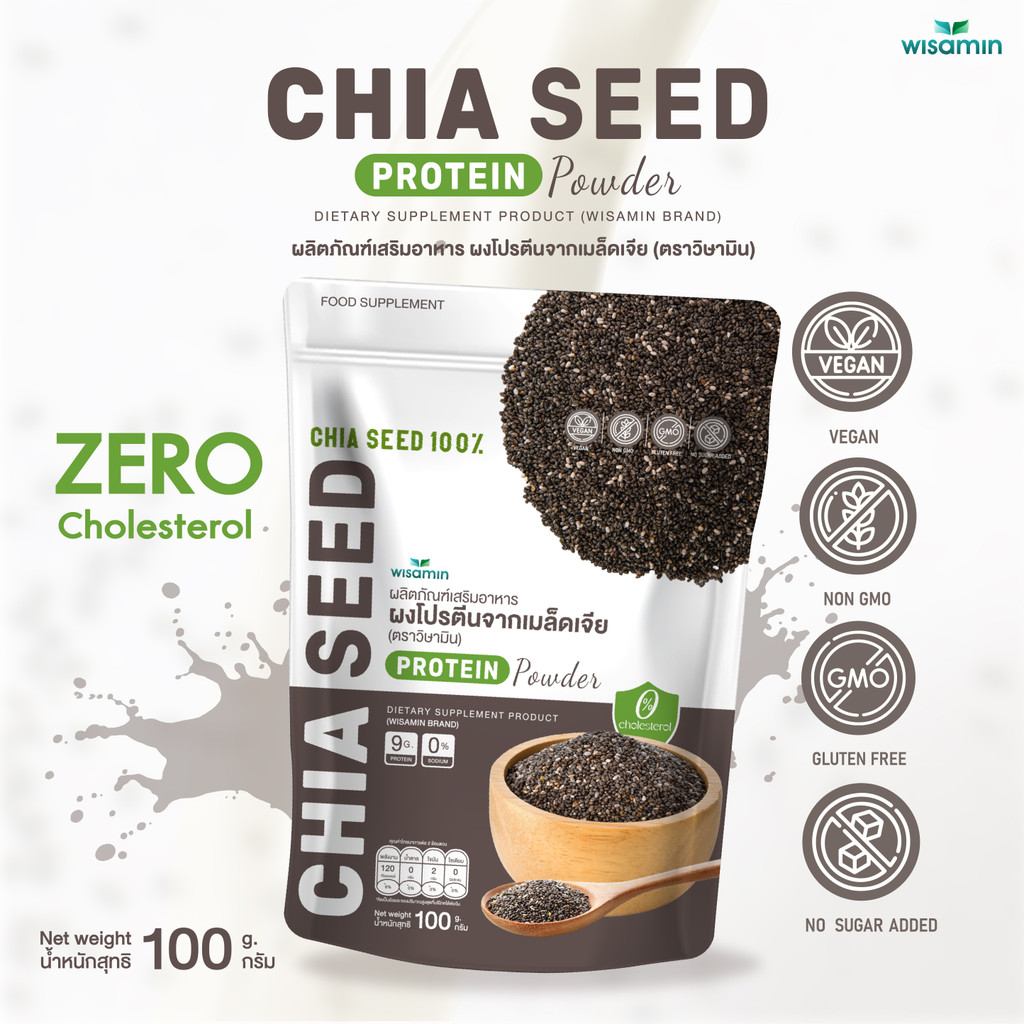 CHIA SEED PROTEIN ผลิตภัณฑ์เสริมอาหาร ผงโปรตีนจากเมล็ดเจีย (ตราวิษามิน) จำนวน 1 ถุง ปริมาณ 100 กรัม ปลอด GMO ปลอดกลูเตน