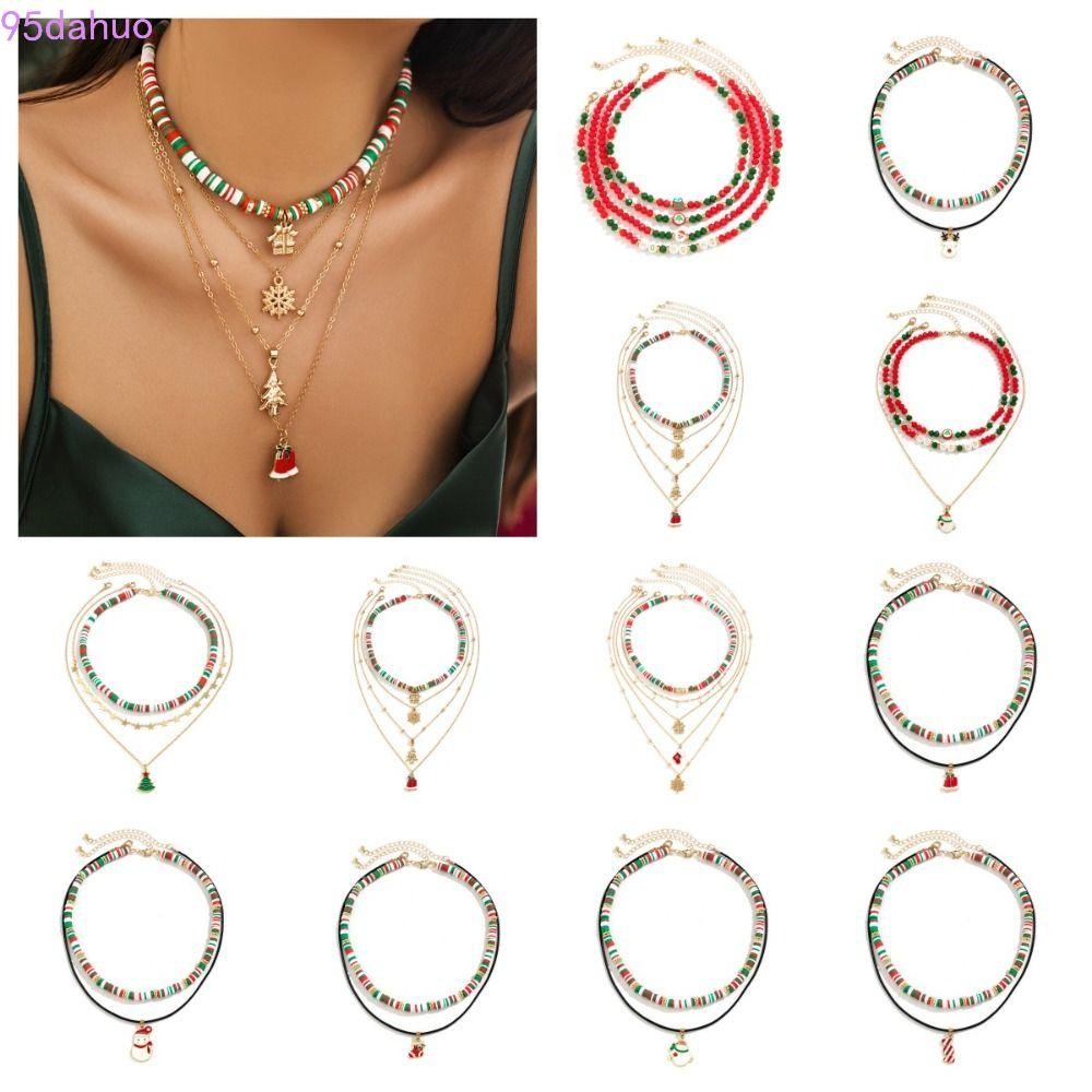 DAHUO 2/3/4 ชิ้น/เซ็ตสร้อยคอคริสต์มาสหลายชั้น, การ์ตูน Santa Rice Beaded Chain, Vintage Christmas Tr