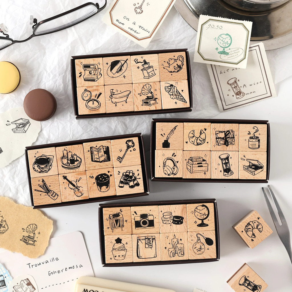 Journal GO 8pcs Vintage น่ารักไม้แสตมป์ยาง DIY Scrapbooking Joutnaling อัลบั้มภาพการ์ดทําไม้น้อยน่ารักซีล