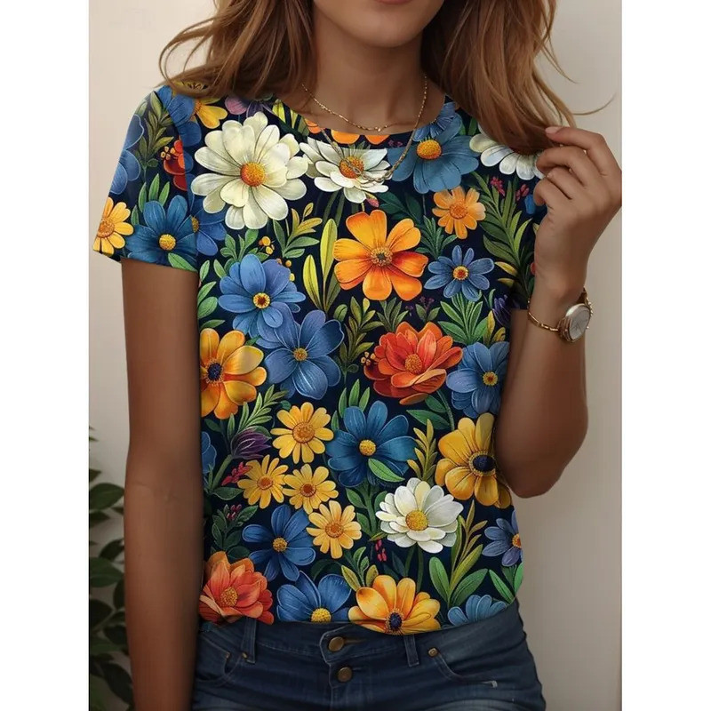 เสื้อยืดผู้หญิงแบบ Vintage ลายดอกไม้ พิมพ์ 3D คอสั้นแขนสั้น สไตล์ Harajuku Y2K