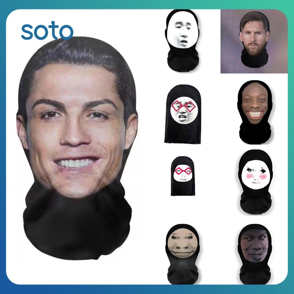 ♫ หน้ากากคลุมหน้าแบบตาข่ายยืดหยุ่นพิมพ์ 3 มิติสำหรับผู้ชายและผู้หญิง หน้ากากคอสเพลย์ โรนัลโด้ เมสซี่ หมวกคลุมศีรษะแฟชั่น หมวกคลุมศีรษะ