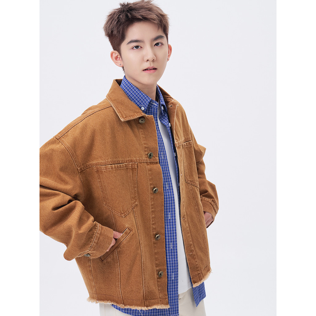 Cookawu Autumn Private Service Merad Brown Raw Edge Short Denim Jacket Jacket Small
