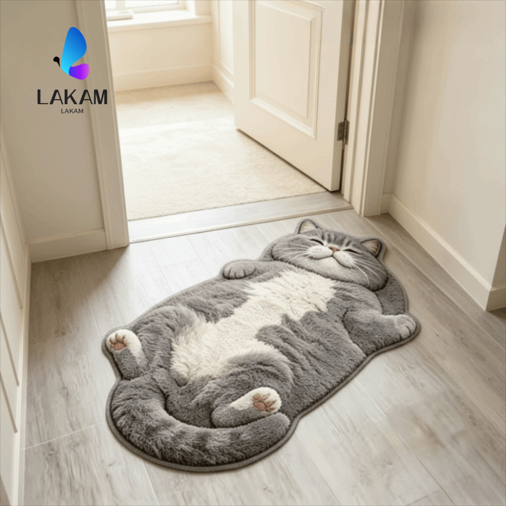 LAKAM พรมพื้นที่รูปแมว,พรมกันลื่นป้องกันการเปรอะเปื้อนพรมตกแต่งบ้าน,นุ่มทําความสะอาดง่ายพรมการ์ตูนห้องนั่งเล่น