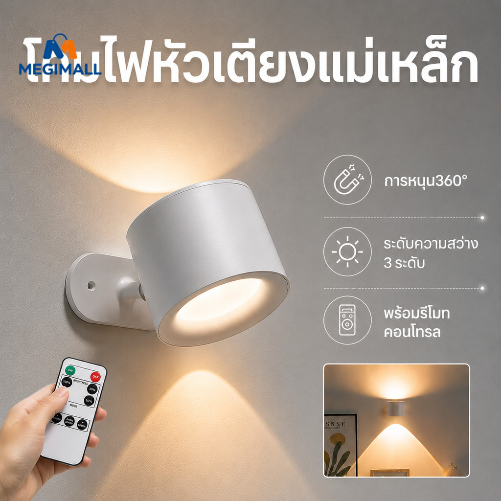 Ofeel 9000mAh รุ่นใหม่2026 โคมไฟหัวเตียงแม่เหล็ก ไฟติดผนัง โคมไฟตั้งโต๊ะ ไร้สาย การหมุน360° พร้อมรีโมทคอนโทรล ตกแต่งห้อง