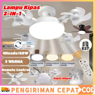 [COD] Lampu Kipas Drone 2-IN-1 E27 4 Heads Total 60W Bilah Kipas Dapat Dilipat LED 3 Warna Cahaya Dimmable Remote Control Kipas Angin Plafon Multifungsi