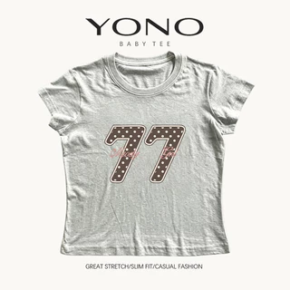 (พร้อมส่ง24ชม.) baby tee สีเบจ ลายเลข 77 ลายจุด ฟีลอเมริกันคอลเลจวินเทจ ทรงเข้ารูป ใส่ชิค