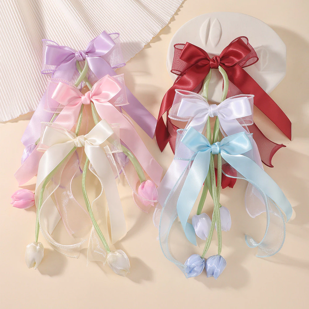 1 PC GrilsTulip ดอกไม้อุปกรณ์เสริมผมคลิปผม Boutique ซาติน Bows หางม้า Hairgripes Elegant อุปกรณ์เสริมผม