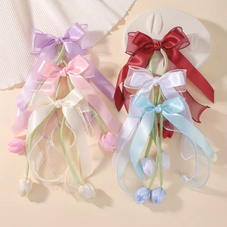 1 PC GrilsTulip ดอกไม้อุปกรณ์เสริมผมคลิปผม Boutique ซาติน Bows หางม้า Hairgripes Elegant อุปกรณ์เสริมผม