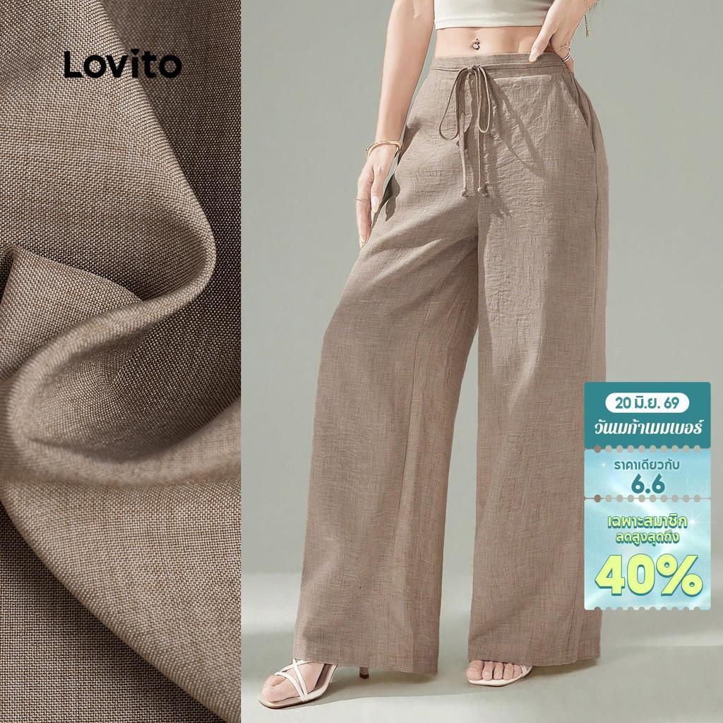 Lovito Casual กางเกงผ้าฝ้ายแบบผูกด้านหน้าสำหรับฤดูใบไม้ผลิ/ฤดูร้อน สีคอฟฟี่ L155ED2041