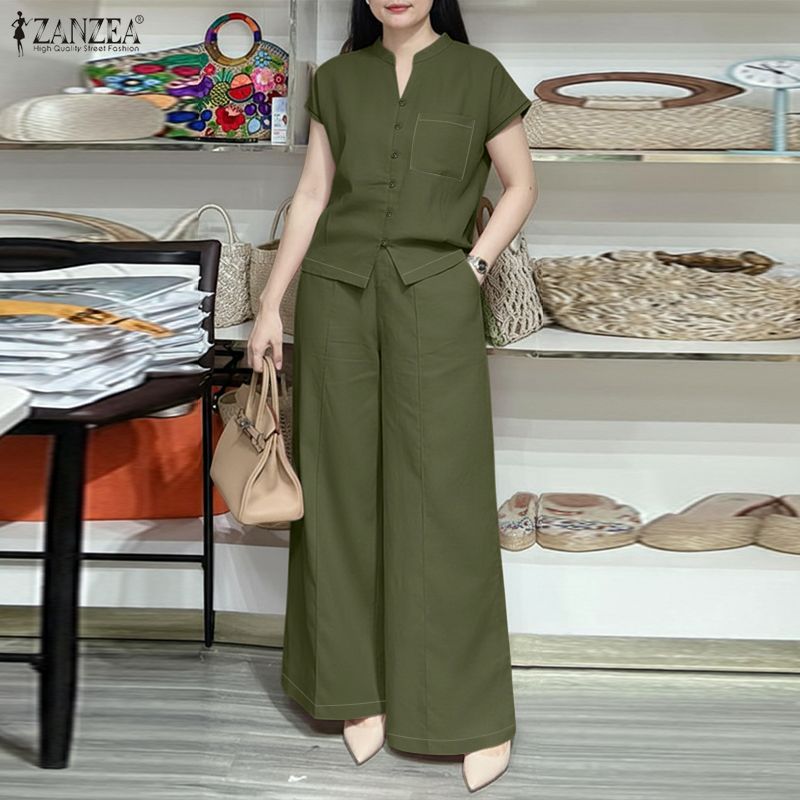 ZANZEA ซานเซีย วันหยุดเกาหลีของผู้หญิงสีทึบยืนปกแขนสั้นหลวมชุดหลวมขากว้าง — صورة 4
