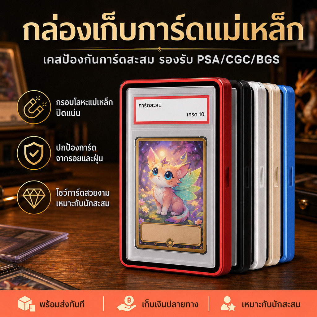 กล่องเก็บการ์ดสะสม เคสแม่เหล็กอลูมิเนียม 35PT กระจกเทมเปอร์ใส ป้องกันรังสี UV กันกระแทก สำหรับ PSA CGC BGS