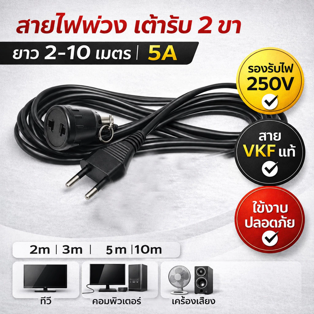 ชุดสายไฟพ่วง เต้ารับ 2 ขา 10A สายยาว 2-10 เมตร VKF 2 × 0.5 sq.mm ปลั๊กพ่วงไฟบ้าน