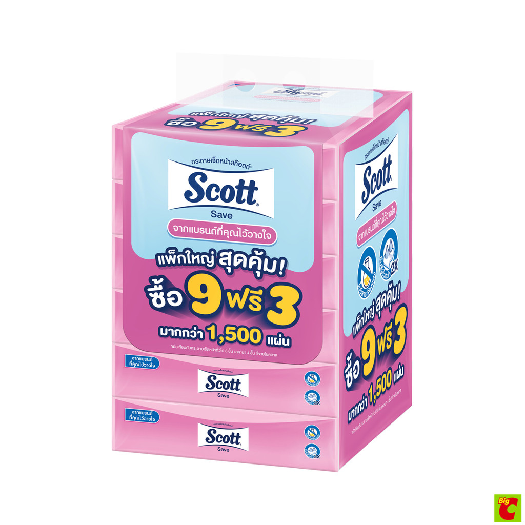 สก๊อตต์ กระดาษทิชชู่สำหรับเช็ดหน้า เซฟ ซอฟท์บ๊อกซ์ 126 แผ่น แพ็ค 9+3 ชิ้น