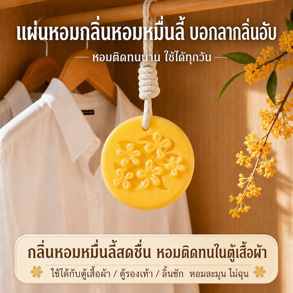 🌼 แผ่นเทียนหอมกลิ่นดอกหอมหมื่นลี้ ดับกลิ่นไม่พึงประสงค์ หอมติดทนนาน ใช้ในห้องนั่งเล่นและตู้เสื้อผ้า จี้หอมปรับอากาศ