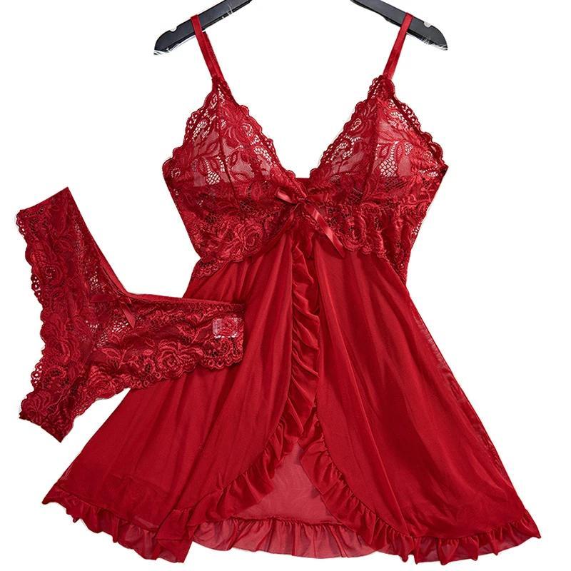 XE Red Lingerie Women's Underwear Sleepwear Lace Nightdress And Panty Pijamas Sets Female Nighty