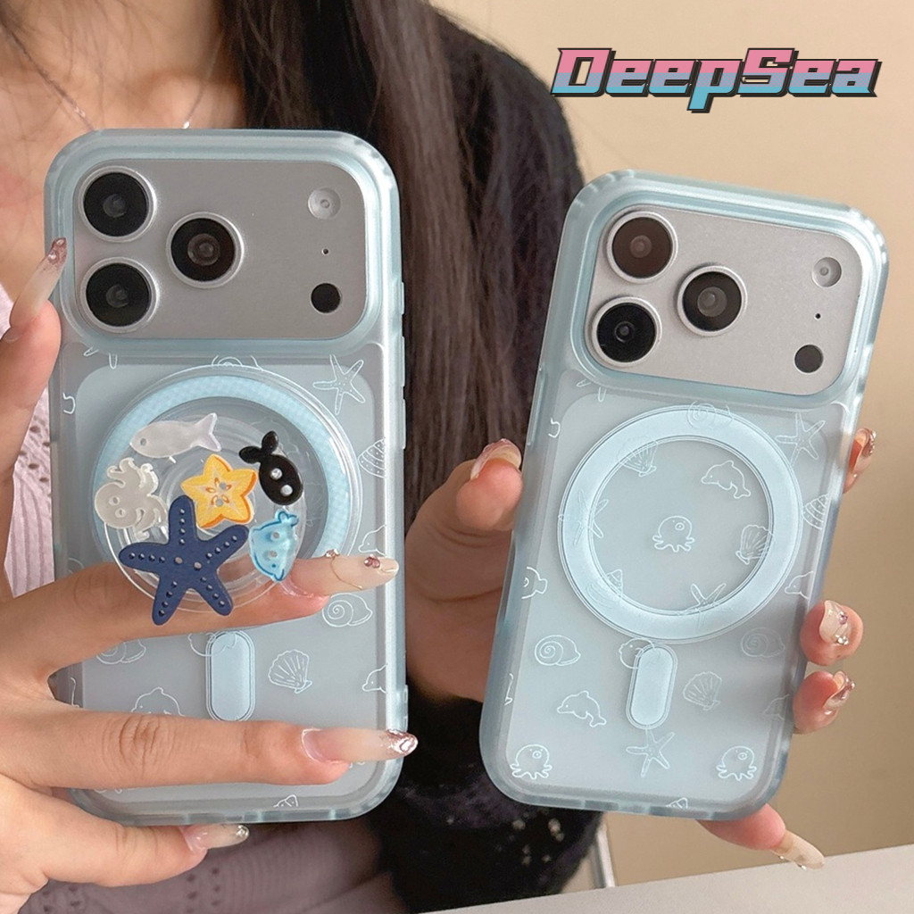 สําหรับ iPhone 18PM 17 Pro Max 16 15P เคสโทรศัพท์ปลาปลาดาว Marine Life ขาตั้งแม่เหล็ก Kickstand All-match Blue Soft TPU ป้องกัน Dirt Resistance ฝาครอบกันกระแทก
