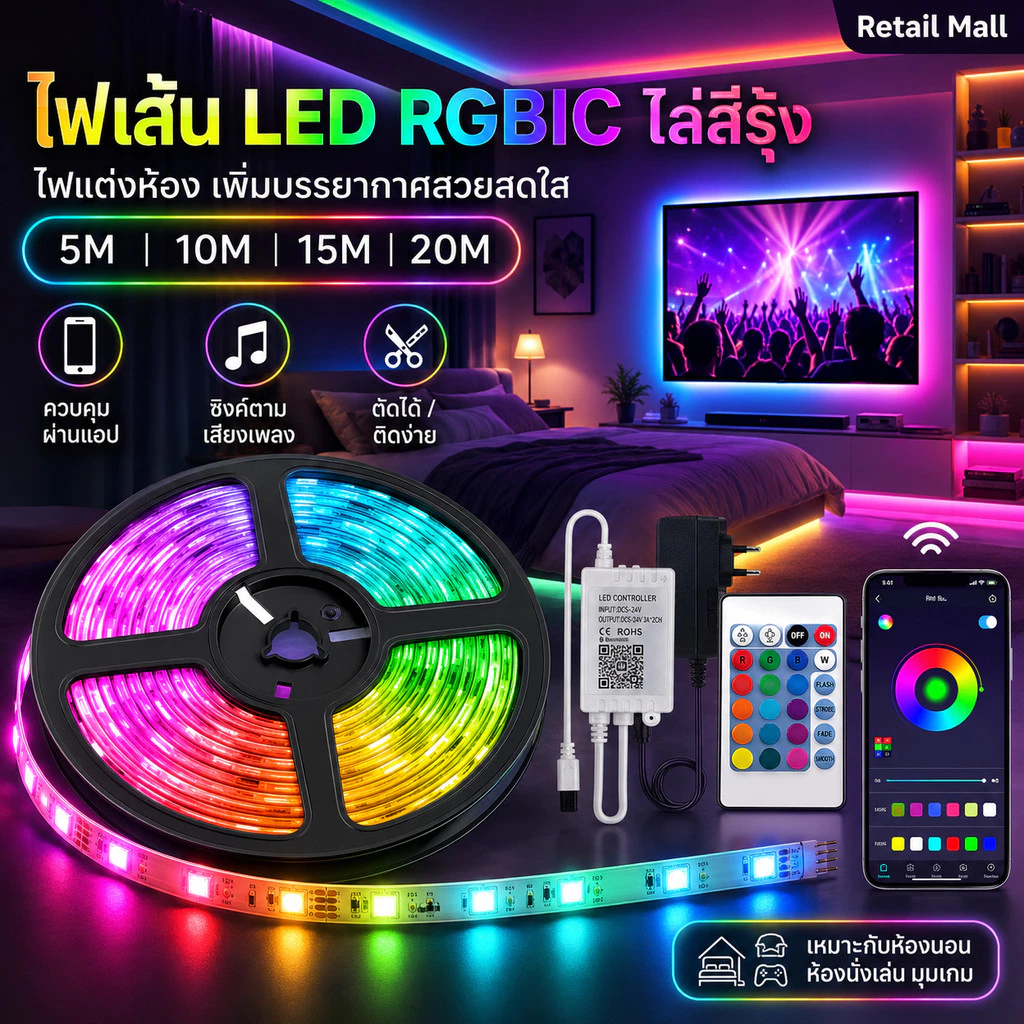 ไฟคริสมาส ไฟแต่งห้อง ไฟเส้น led RGBIC-รุ้ง ไฟตกแต่งห้อง ไฟ LED ไฟห้องนอน การไล่ระดับสีที่มีสีสัน 5m 10m 15m 20m
