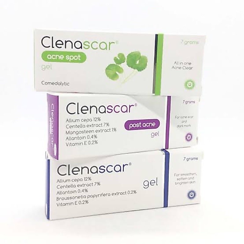 ขายดีมาก Clenascar acne แต้มสิว สีเขียว /post acne รอยสิว สีม่วง/ทาแผลเป็น สีน้ำเงิน ขนาด 7 กรัม พร้อมส่ง กดสั่งได้