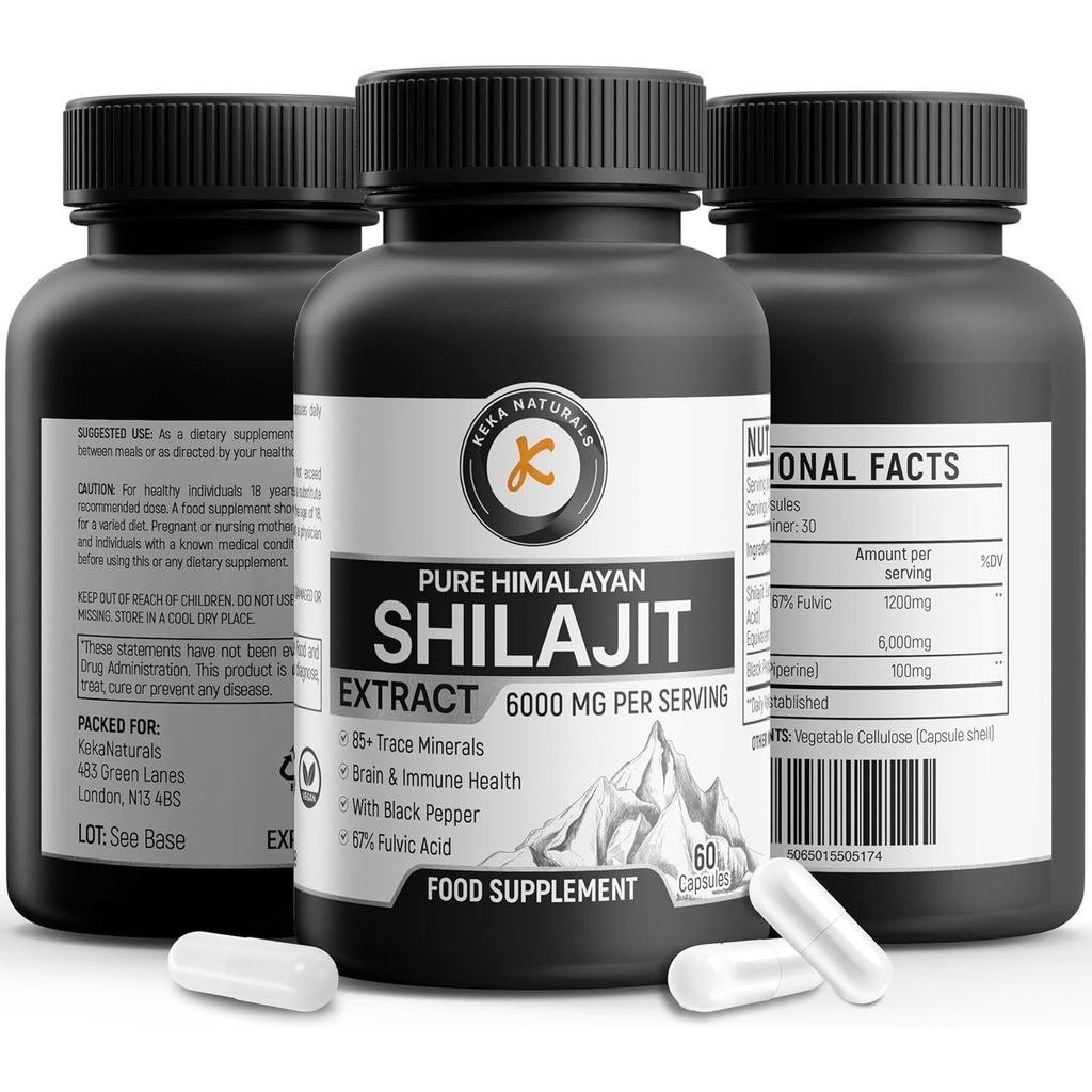 Shilajit Capsules 6000mg - 67% Fulvic Acid - Shilajit บริสุทธิ์ 100% - 85+ Trace Minerals - with Bla