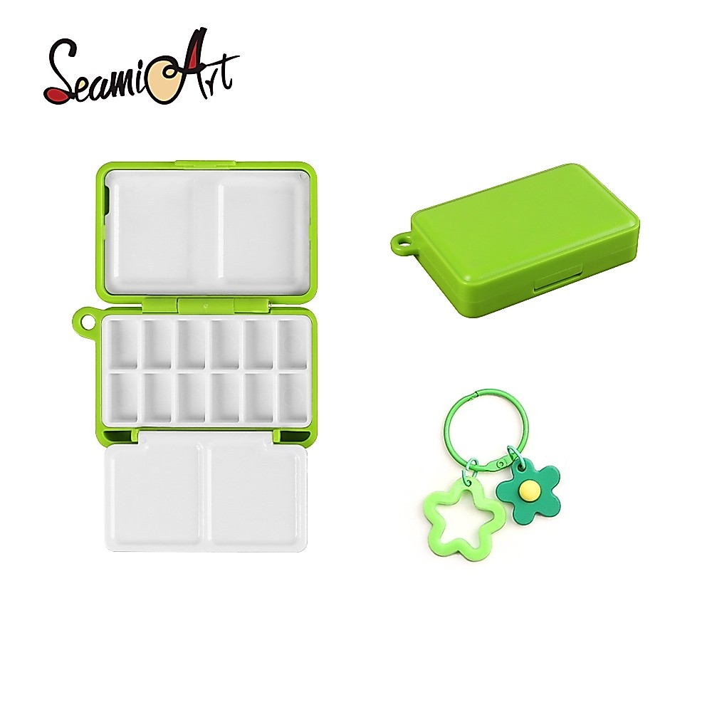Seamiart 12 กริด Mini Travel ภาพวาดพลาสติกกล่องพวงกุญแจแบบพกพาสีน้ํา Palette SS25 ฤดูใบไม้ผลิฤดูร้อนสี