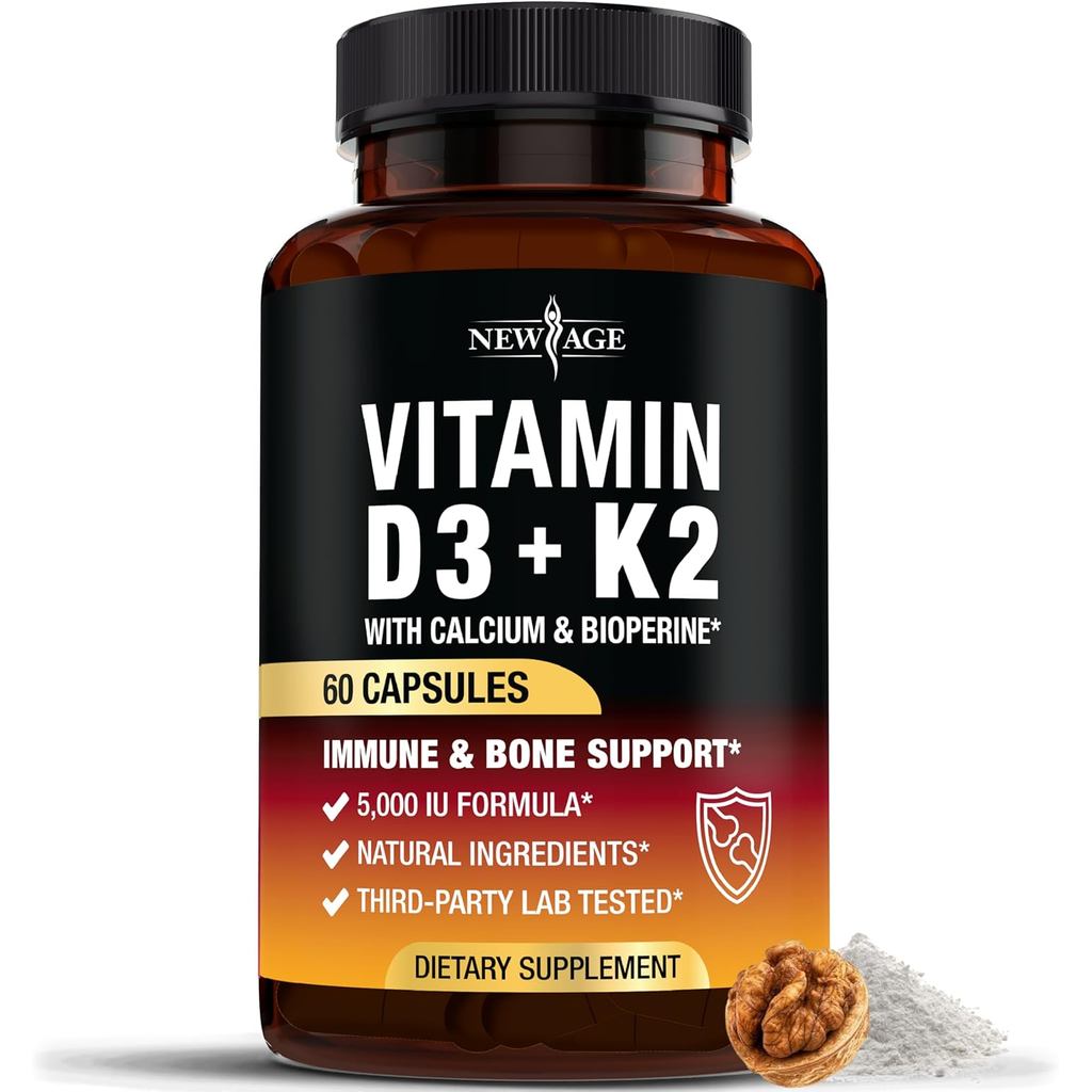 New Era Vitamin D3 5,000 IU+K2 MK-7 100 Micrograms-2 in 1 Bone, Immune and Heart Support, Swallow, N