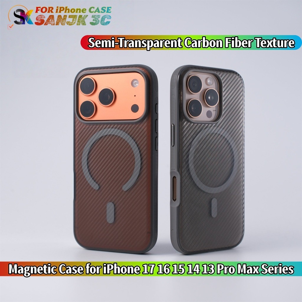 กึ่งโปร่งใสคาร์บอนไฟเบอร์เนื้อเคสโทรศัพท์แม่เหล็กสําหรับiPhone 17 ProMax 16/15/14/13 Pro Max 16 Plus 17 AIR Anti-Scratch Slimปลอกกรอบกันกระแทก