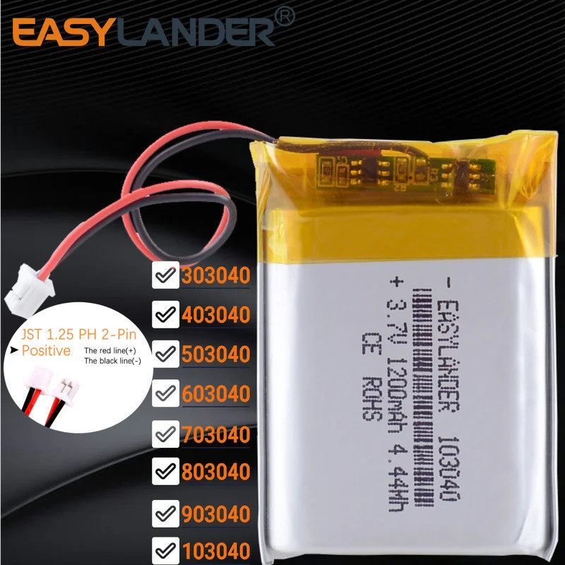 JST MX 1.25 2pin 103040 303040 403040 503040 603040 703040 แบตเตอรี่ลิเธียมโพลิเมอร์ LiPo 80304