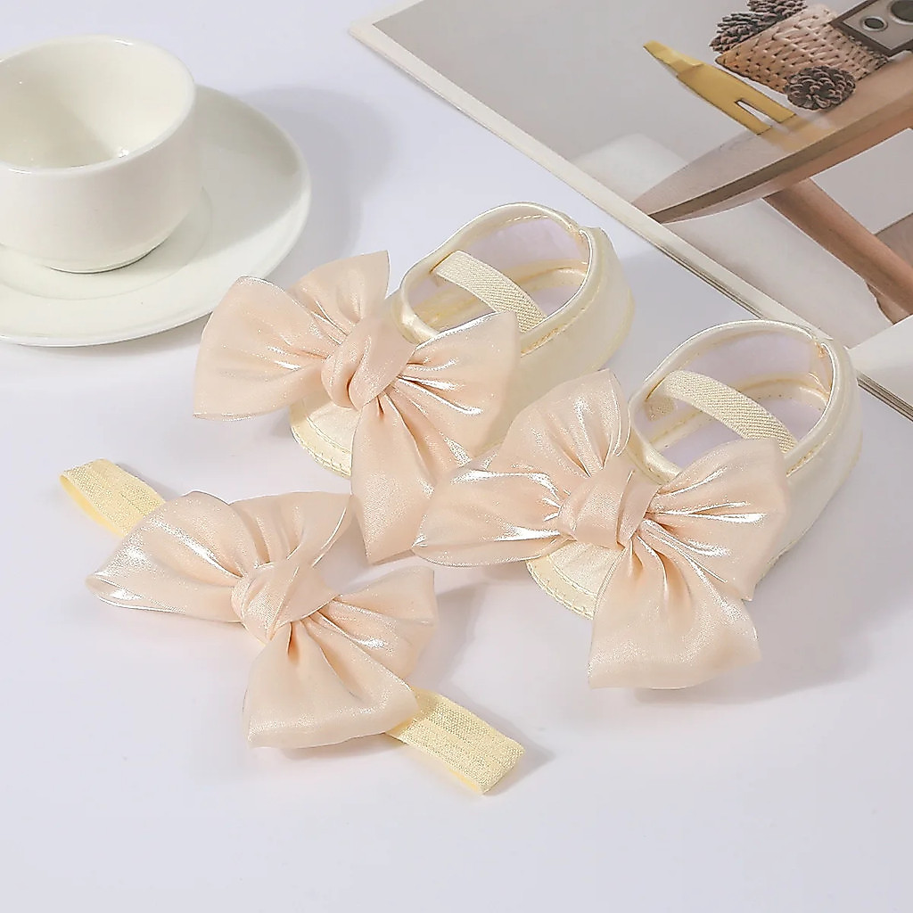 เจ้าหญิง Bowknot เด็กทารก Baptism รองเท้าแถบคาดศีรษะน่ารักเงา Flats และ Hairband Soft Sole เด็ก First Walkers