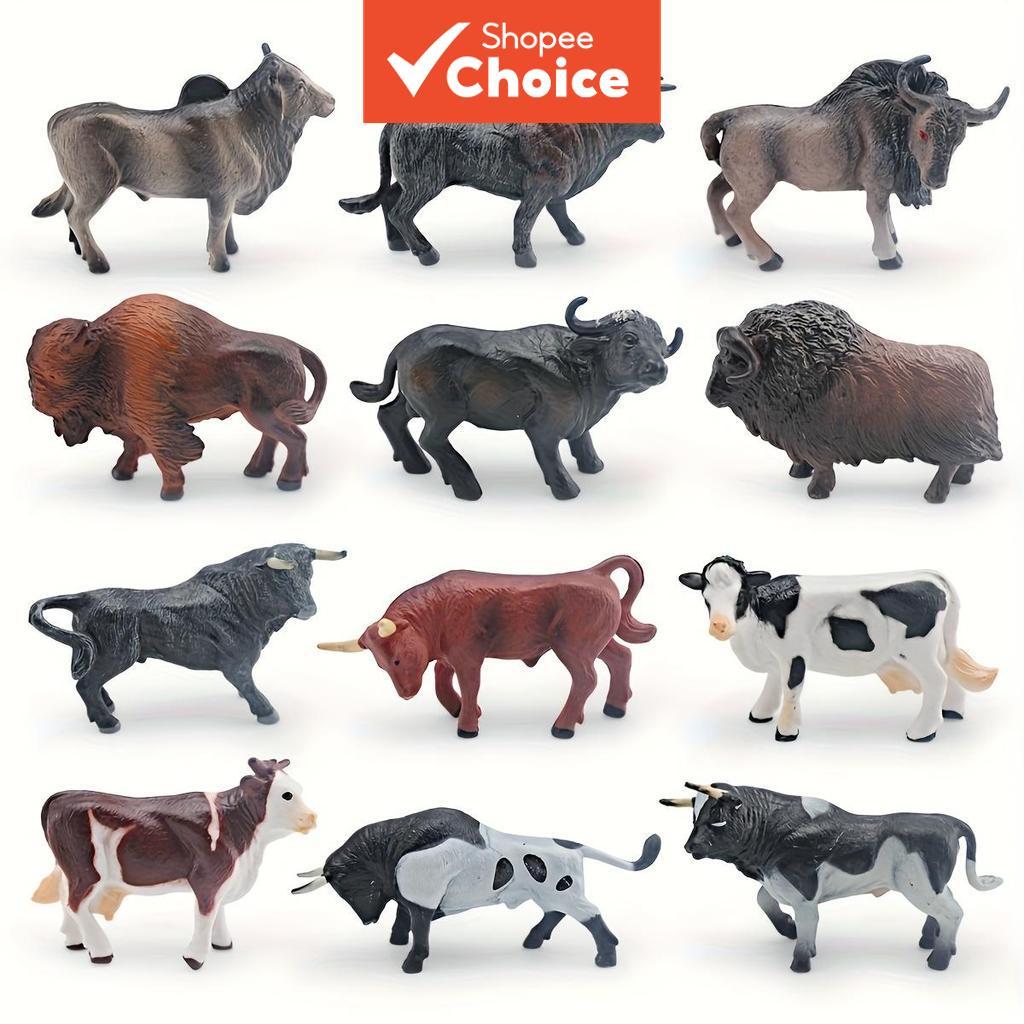 Mini Cow Model Set Musk Oxen Buffalo Dairy Cattle North African Bulls, Educational Farm Animal Toys