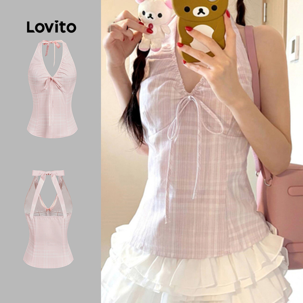 Lovito เสื้อแคชชวลทรงเซ็กซี่ คอผูกโบว์ สำหรับใส่ทำงาน ออกทริป เดินทาง ฤดูใบไม้ผลิ/ฤดูร้อน สีชมพู สำหรับผู้หญิง L166AD221