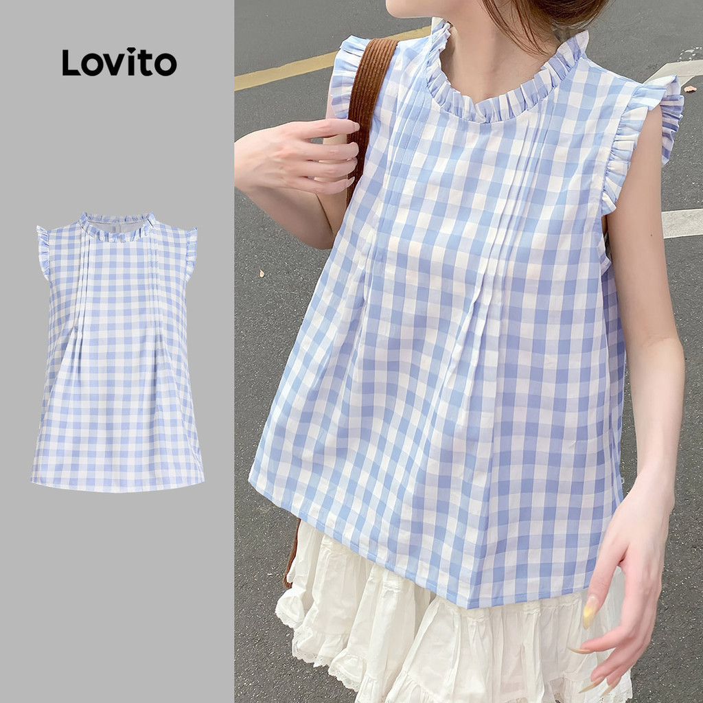 Lovito  เสื้อท็อปผู้หญิงน่ารักลายสวยแต่งระบายสําหรับฤดูใบไม้ผลิ/ฤดูร้อน สีน้ําเงินเข้ม L179AD027