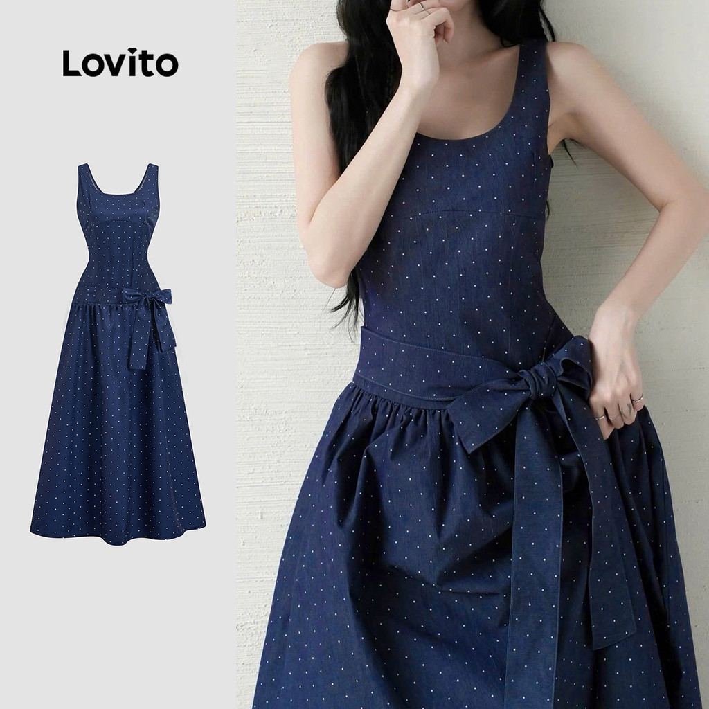 Lovito เดรสสีน้ําเงินเข้มสไตล์ลําลอง ผูกด้านหน้า ลายระบายชายกระโปรง เหมาะสําหรับฤดูใบไม้ผลิและฤดูร้อน L190ED154