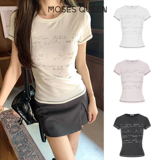 MOSESQUEEN มอสเซควีน เสื้อยืดแขนสั้นพิมพ์ลายตัวอักษรสไตล์อเมริกันดีไซน์คอกลมเข้ารูปเหมาะกับผู้ชาย #63748