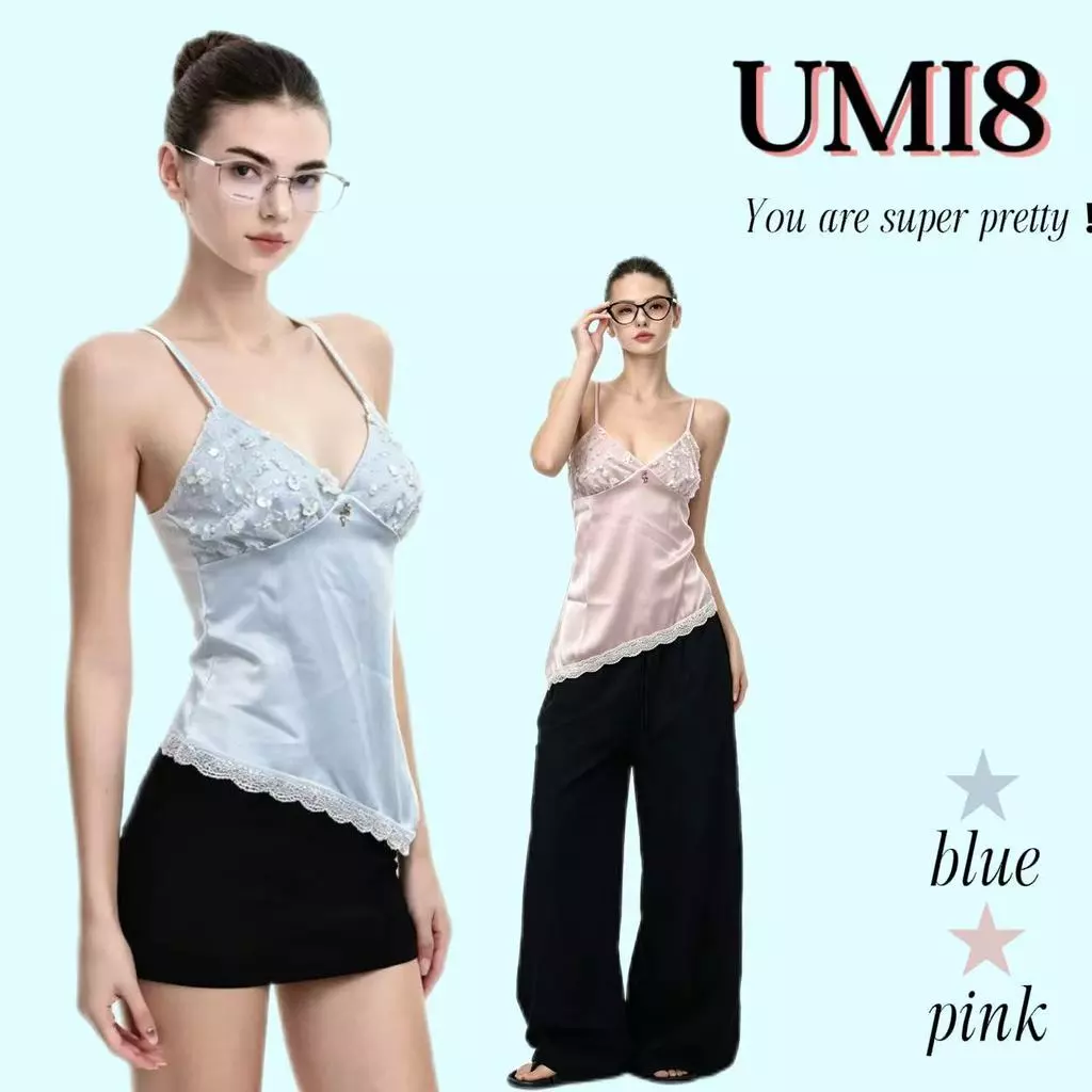 UMI8💝【ในสต็อก】💝 เสื้อสายเดี่ยวผ้าซาตินผูกเชือกด้านหลัง ประดับเลื่อม ดีไซน์เซ็กซี่ร้อนแรงรับซัมเมอร์ 2026