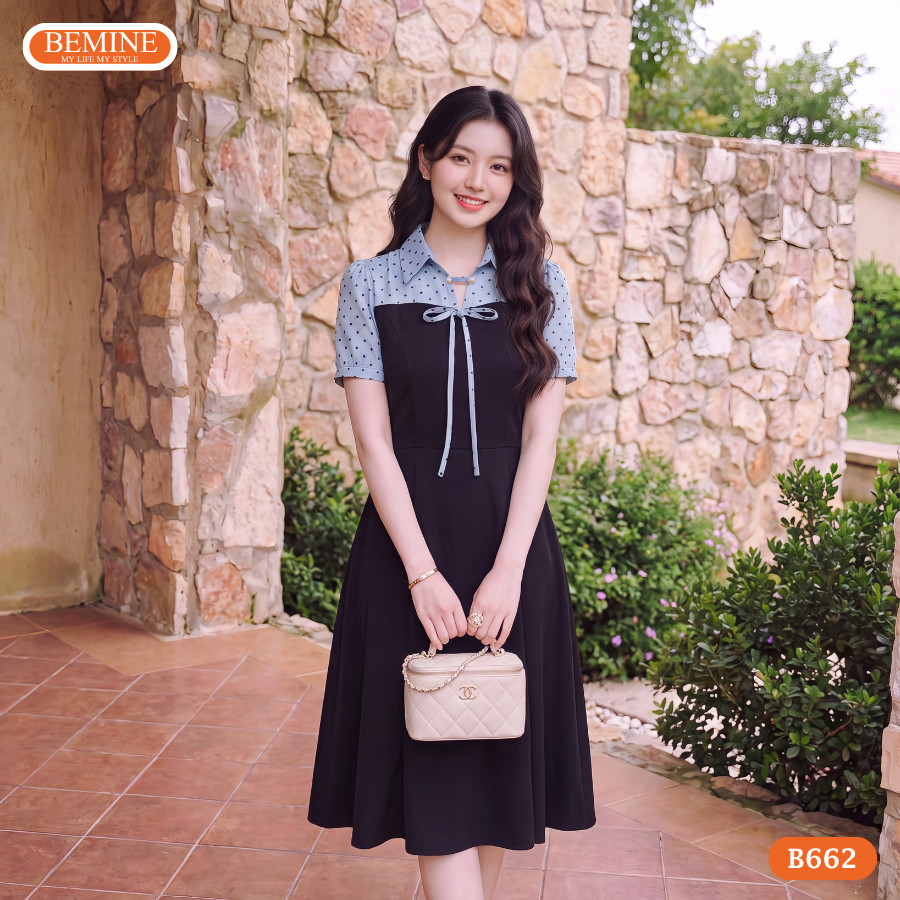 BEMINE เดรสดีไซน์คอปกเชิ้ตลายจุด ทรงเอ เหมาะสําหรับทํางาน-B662