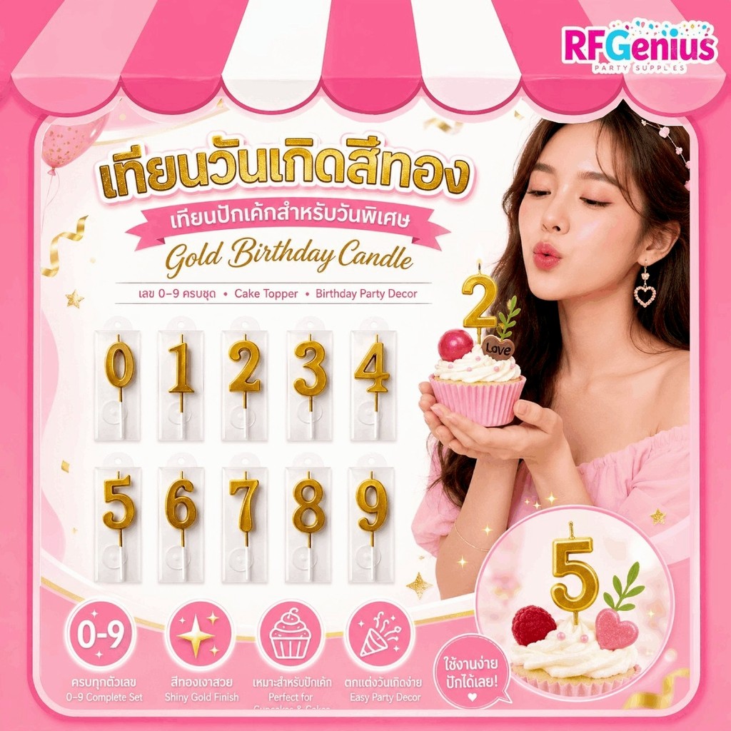 เทียนวันเกิด เทียนตัวเลข เทียนมงกุฎสีทอง พร้อมส่งจากไทย