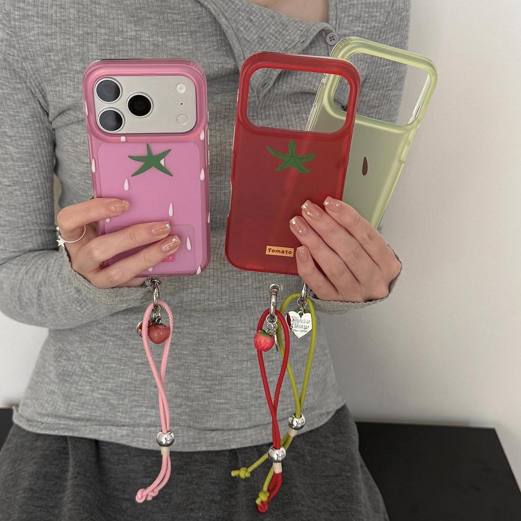 เกาหลีน่ารักผลไม้สตรอเบอร์รี่หิมะลูกแพร์กรณีพร้อมเชือกหนังสําหรับ IPhone 17 16 15 Pro Max 17Pro 16pro 15pro สไตล์ปกหลัง